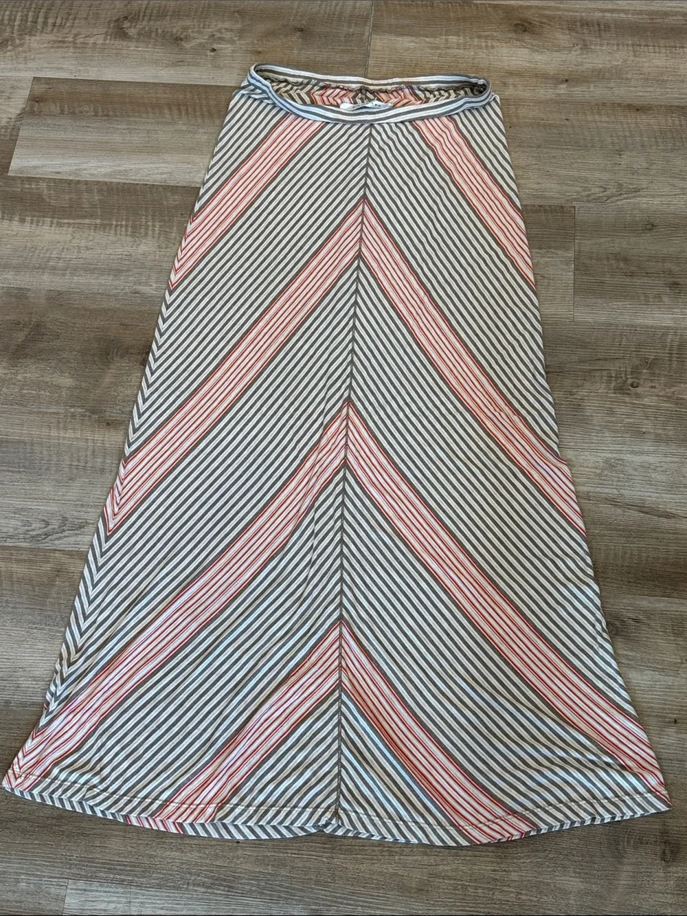 Max Studio Striped A-Line Soft Stretchy Knit Maxi Skirt Red & Gray Elastic Waist
